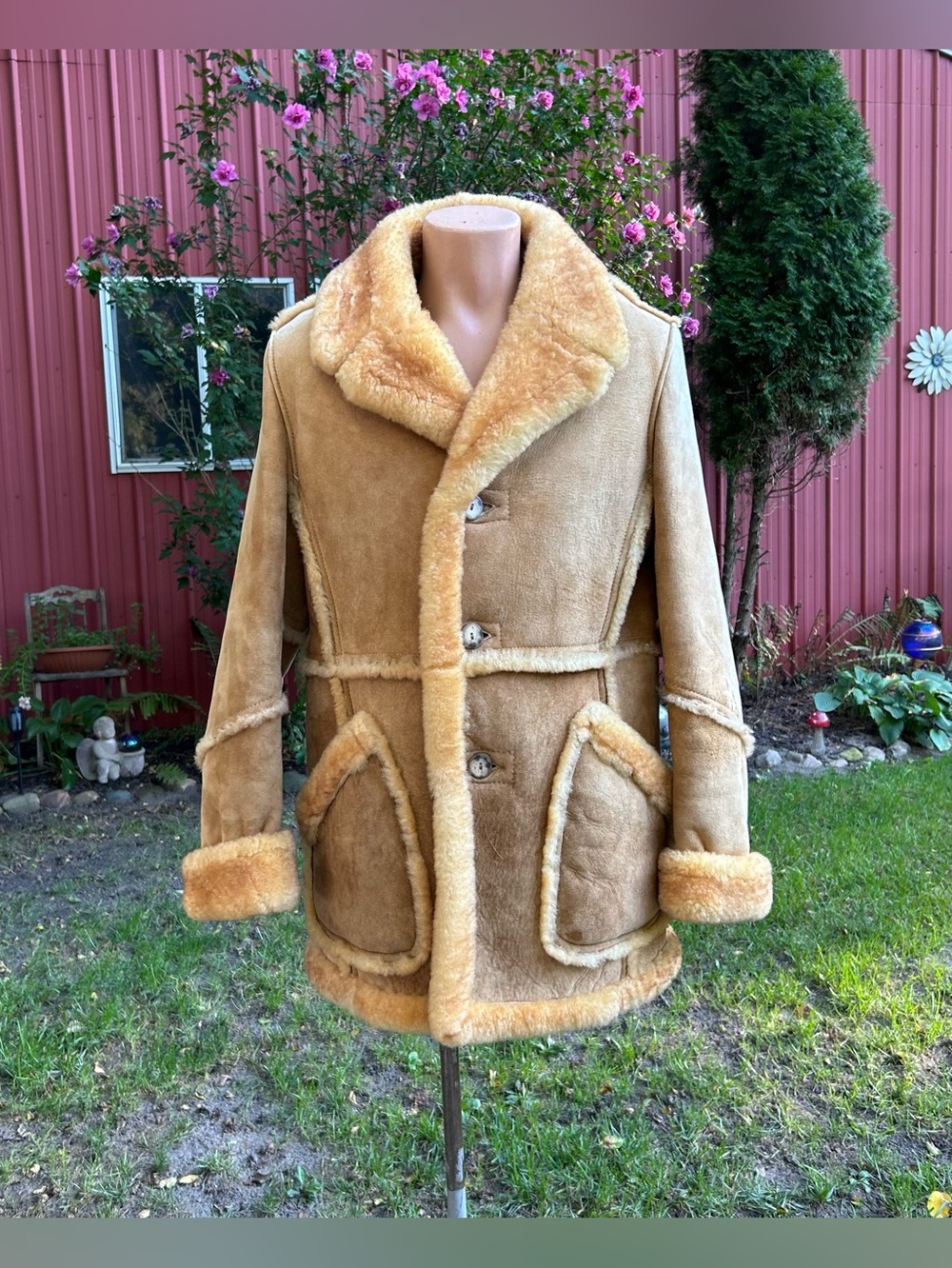 Vintage 70s Leather Loft Mens Tan Shearling Sheepskin Marlboro Man Ranch Coat~L~
